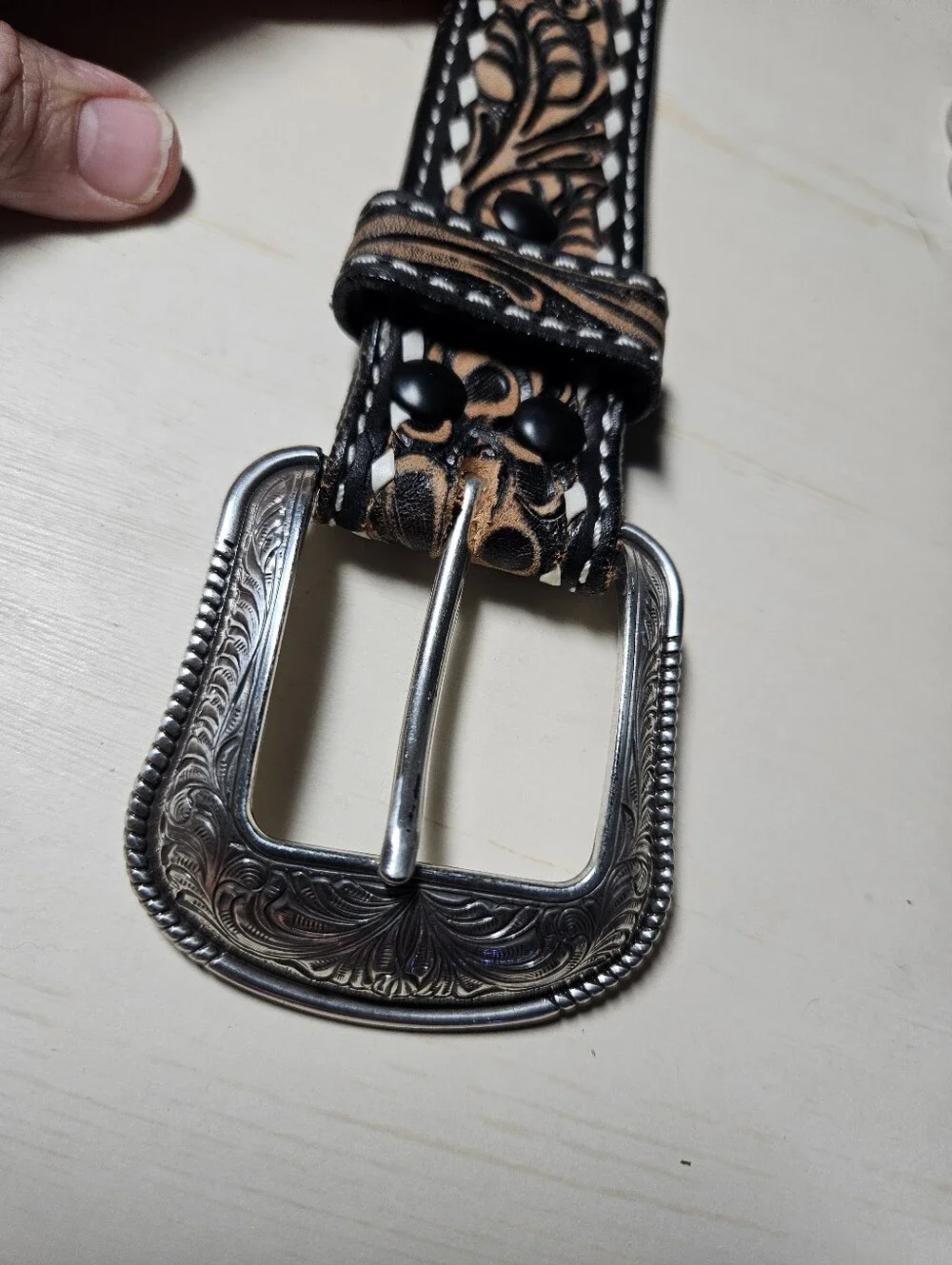3D Belt Co. Men's Floral Tooled Buckstitch Leather Western Belt - NWOT Size 38